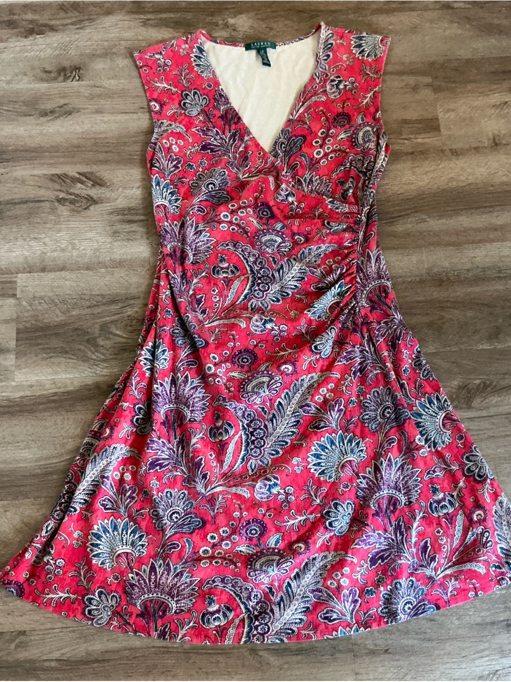 Lauren Ralph Lauren Dress Large Red Paisley Faux Wrap Sheath Sleeveless V-Neck